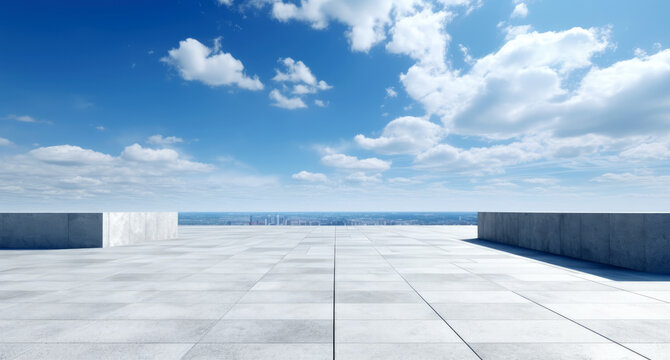 Empty concrete floor on the rooftop with cityscape and skyline of modern city background. High quality photo