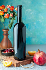 front view pomegranate wine on blue background drink fruit alcohol sour color bar restaurant juice...