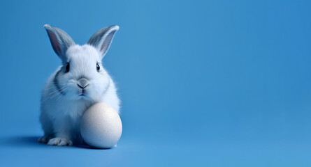 Cute white rabbit and egg on blue background. Easter concept. High quality photo