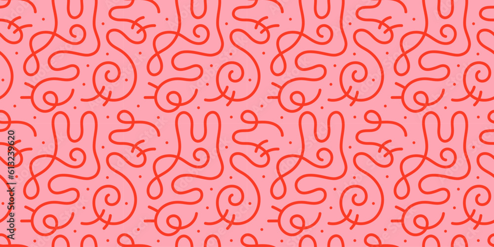 Poster Fun line doodle seamless pattern. Creative abstract squiggle style drawing background for children or trendy design with basic shapes. Simple childish scribble wallpaper print.