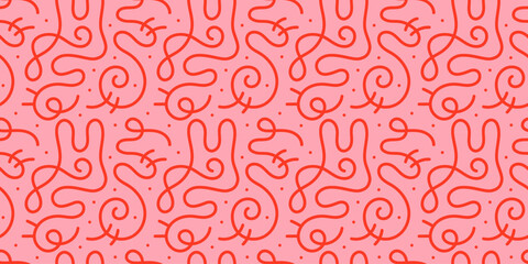 Fun line doodle seamless pattern. Creative abstract squiggle style drawing background for children or trendy design with basic shapes. Simple childish scribble wallpaper print.
