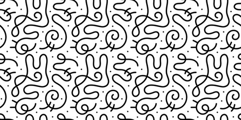 Fun black and white line doodle seamless pattern. Creative abstract squiggle style drawing background for children or trendy design with basic shapes. Simple childish scribble wallpaper print.