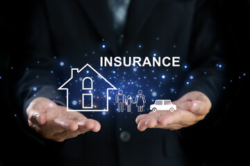 Fototapeta premium insurance with hands protect crisis. business risk control and plan and strategies to run prevent businesses. deposits, medical expenses, rent, family care, Travel, transport, communication, accident