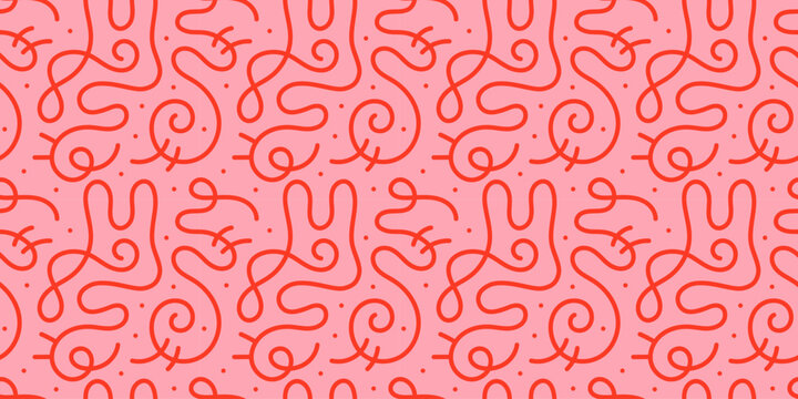 Fun line doodle seamless pattern. Creative abstract squiggle style drawing background for children or trendy design with basic shapes. Simple childish scribble wallpaper print.