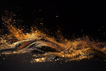 Fototapeta na wymiar Golden Glitter on Black Background with Metallic Particles and Glittering Blur