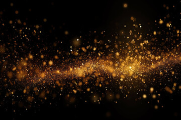 Fototapeta na wymiar Golden Glitter on Black Background with Metallic Particles and Glittering Blur