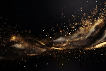 Golden Glitter on Black Background with Metallic Particles and Glittering Blur