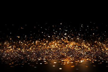 Naklejka na ściany i meble Golden Glitter on Black Background with Metallic Particles and Glittering Blur