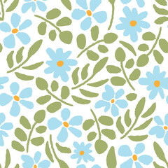 Simple delicate floral vector seamless pattern. Blue flowers, green twigs, leaves on a white background. Spring-summer collection. For fabric prints, textiles, clothing.