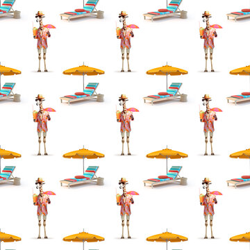 A giraffe character fully equipped for the beach, seamless pattern illustration , AI-assisted creation 