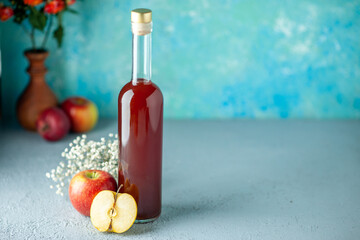 front view red apple vinegar on blue background food drink fruit alcohol wine sour color juice