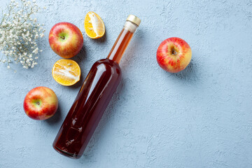 top view apple vinegar in bottle on white background juice fruit color photo fresh drink sour food