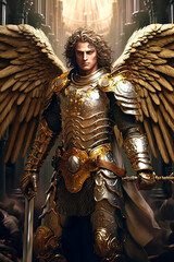 Graphic and biblical representation of the Archangel Michael. AI generativ. - obrazy, fototapety, plakaty