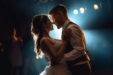 Couple sharing an intimate moment during their first dance on a dimly lit dance floor, capturing...