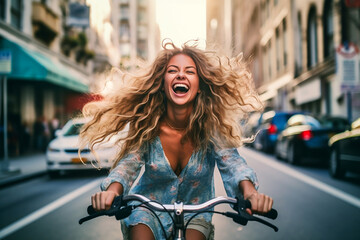Young attractive woman riding a bicycle through the city. AI generativ.