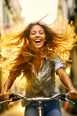 Young attractive woman riding a bicycle through the city. AI generativ.