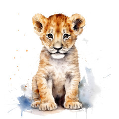 portrait little cute lion baby in watercolor isolated against transparent background