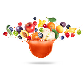 Various berries and fruits with splashes of juice on a white background