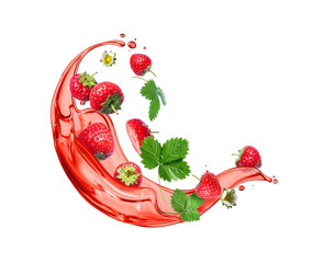 Ripe strawberries with leaves in splashes of juice isolated on white background