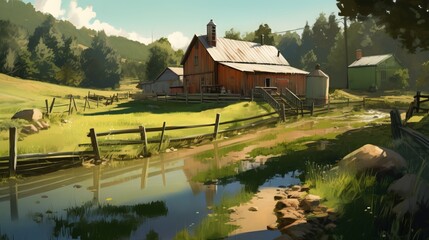 Painting of a Small Farm and a Stream