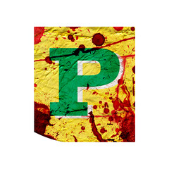 Cut out ransom alphabet green letter P Criminal collage style English ransom letter. Grungy torn yellow crumpled paper font with red blood splash isolated on white background. Creative design element