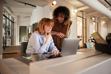 Businesswomen talking over a laptop