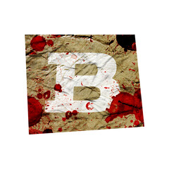 Cut out ransom alphabet letter. Blackmail Ransom Kidnapper Anonymous Note Font. English Letter crumpled grungy vintage old paper texture with blood splashes isolated on a white. Collage style design