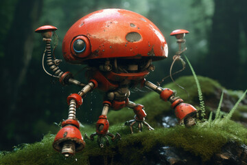 Fantastic mushroom robot in a magical forest, generative ai