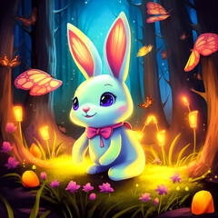 Adorable bunny in a color forest background