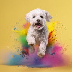 A cheerful playful dog jumps up among the colors of Holi, Bichon Frise on a bright multi-colored background, generative ai