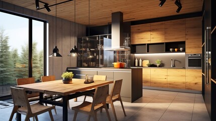 design modern kitchen with wooden inserts. Generative AI