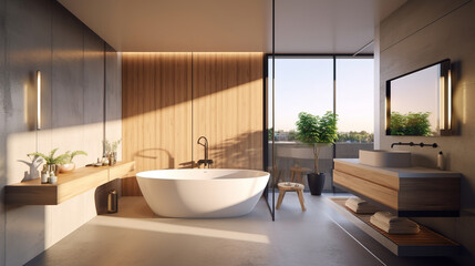 Fototapeta na wymiar Modern bathroom. Design with panoramic window. Generative AI