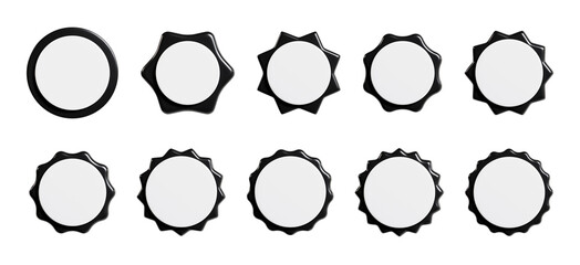 Black starburst sticker with white plate 3d render set - collection of round sun burst or star shape badges
