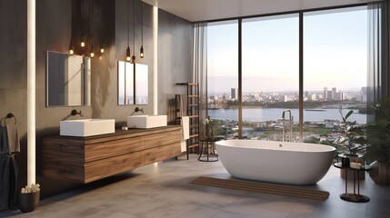 Modern bathroom. Design with panoramic window. Generative AI - obrazy, fototapety, plakaty