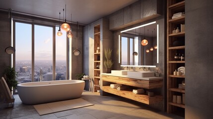 Modern bathroom. Design with panoramic window. Generative AI