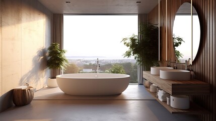 Modern bathroom. Design with panoramic window. Generative AI