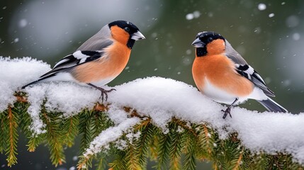 Fototapeta premium The bullfinch bird sits on a bunch of red rowan berries, Generative AI