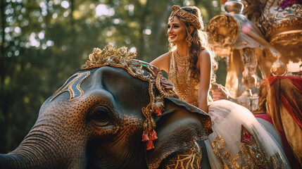 Fototapeta na wymiar Beautifully Dressed Indian Bride with an Ornately Decorated Elephant for the Wedding Ceremony - Generative AI.