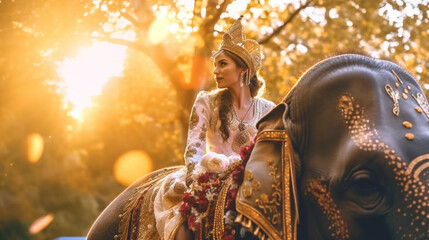 Beautifully Dressed Indian Bride with an Ornately Decorated Elephant for the Wedding Ceremony - Generative AI.