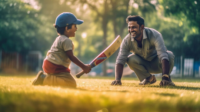 Young Indian Father and Son Having Fun Practicing The Game of Cricket In The Park - Generative AI.