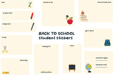 Ready to use student digital stickers. Cute stickers for bullet journaling or planning for students. Back to school student stickers. Vector art.