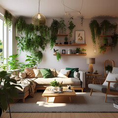 Green Elegance: Stylish Living Room with Green Plants." - Generative AI, Generative, AI