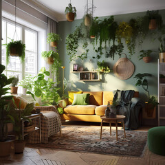 Natural Haven in the Living Room: Relaxing with a Variety of Green Plants." - Generative AI, Generative, AI