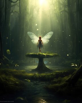 A beautiful fairy of nature, in a fairy forest. Generative AI
