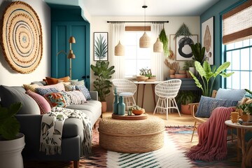 Interior design of Living Room in Bohemian style with Large windows decorated with Velvet, Wood, Rattan, Linen, Leather material. Beachy architecture. Generative AI