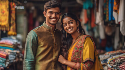 Obraz premium Young Adult Happy Indian Couple Standing At The Entrance of Their Textile Business - Generative AI.