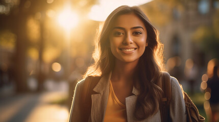 Young Indian Female College Student Walking On Campus - Generative AI.
