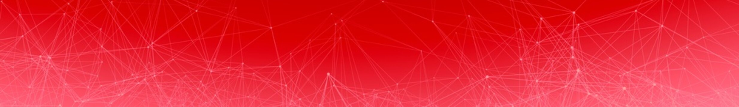 Red white gradient wide web banner background. Fantasy abstract technology, engineering and science wallpaper with particles and plexus connected lines. Wireframe 3D illustration and copy space