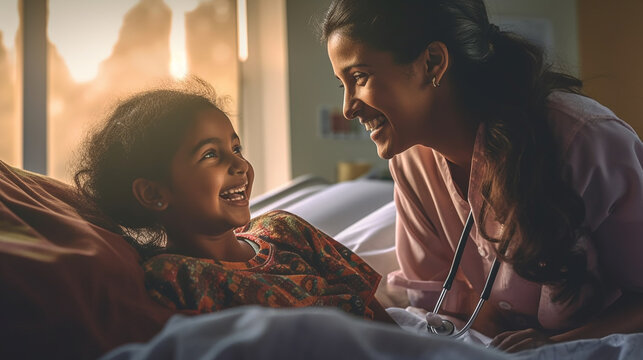 Happy Young Female Indian Doctor Or Nurse Comforting A Child Patient In The Hospital Bed - Generative AI.