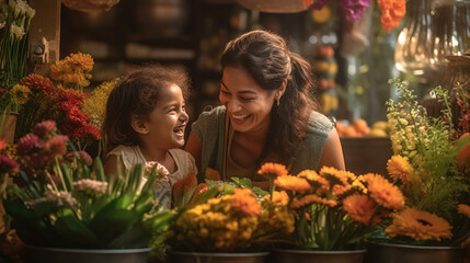 Indian Mother and Daughter Enjoying Time Together In Their Flower Shop - Generative AI.